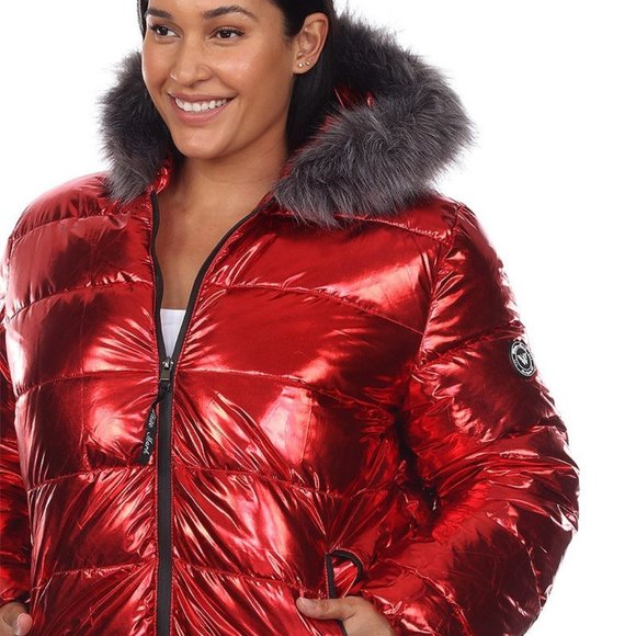 Plus Size Fall Winter RED Metallic Puffer Coat Zippered BLACK with Hoodie 927 - Picture 2 of 4